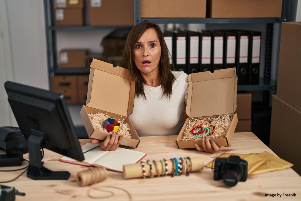 Image of woman shocked at receiving wrong package