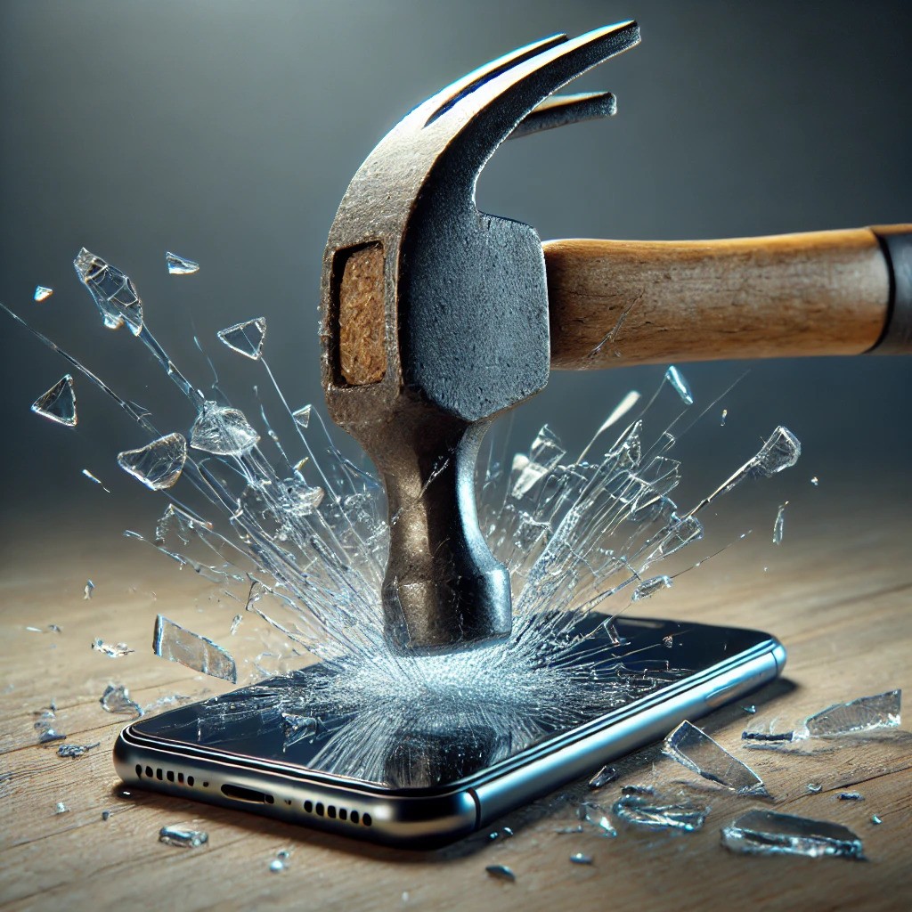 Image showing a hammer hitting the screen of a smartphone.